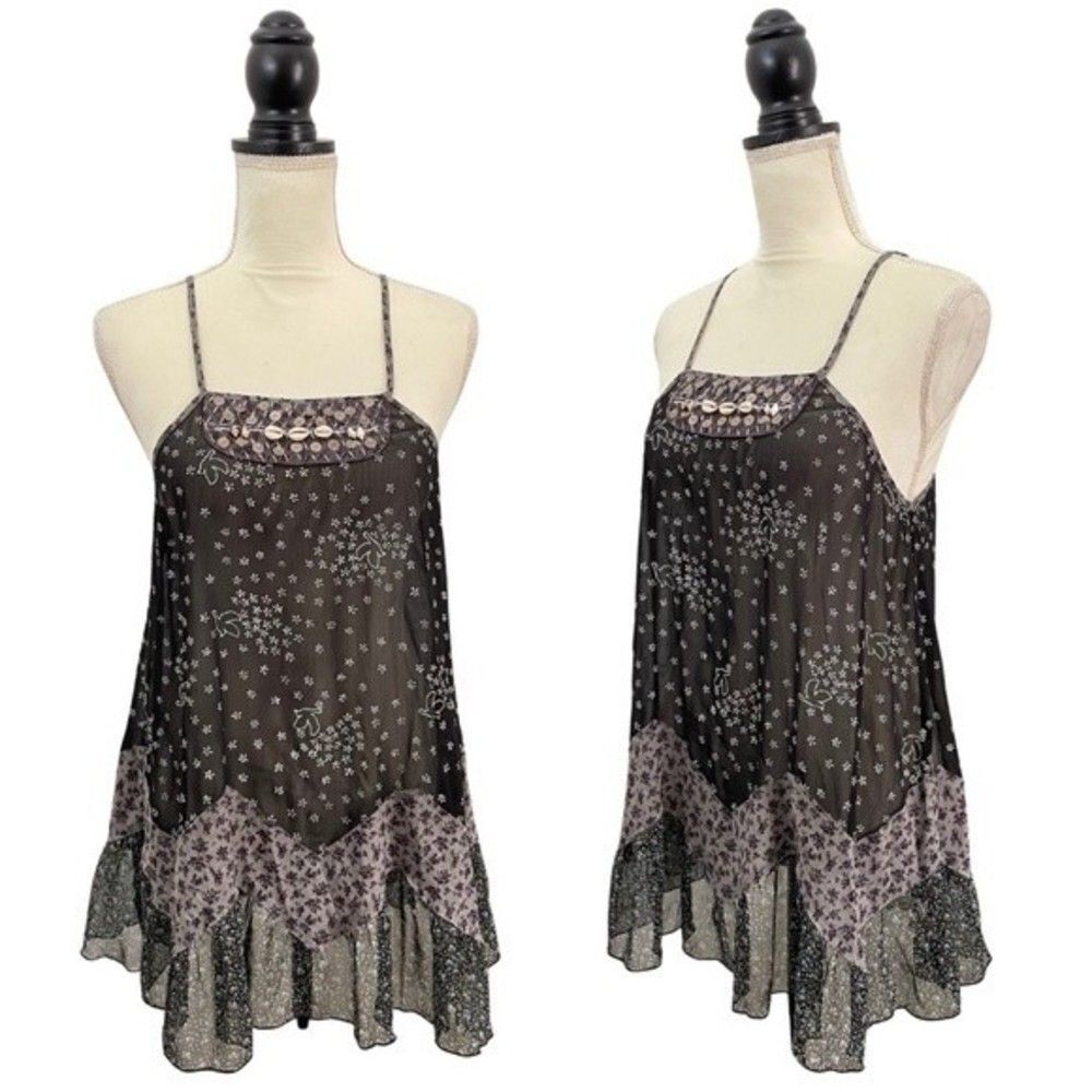 Free People Boho Flowy Beachy Sea Shell Ditsy Floral Babydoll Sheer Tunic Top